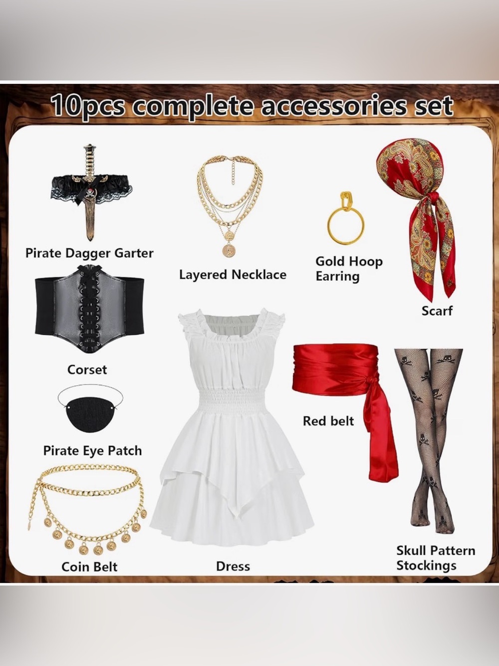 10pcs Adult Women Pirate Costume Dress with Accessories Set
